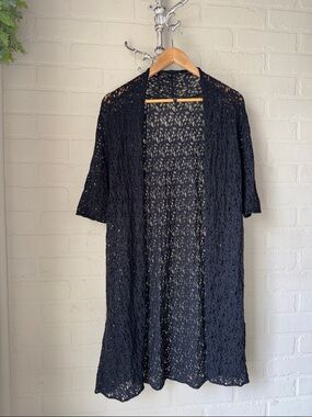 Eileen Fisher black Lace Knit Cardigan wool kimono duster medium